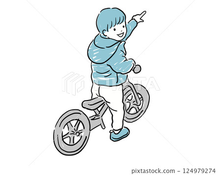 Boy pointing on a bicycle - Blue Boy pointing on a bicycle - Blue 124979274
