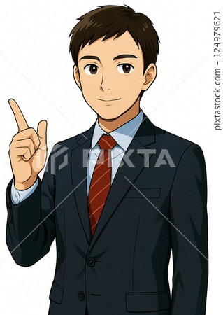 一個戴著領帶的男人指著 124979621