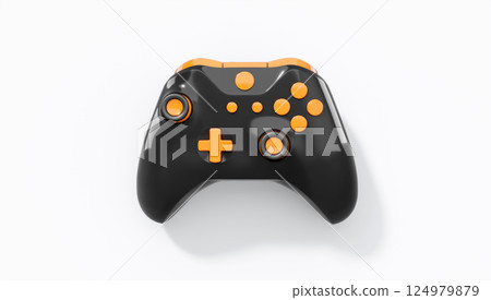 Realistic black video game joystick or gamepad with color buttons on white 124979879