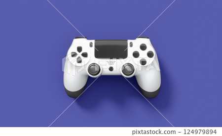 Realistic white video game joystick or gamepad on violet background 124979894