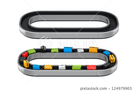 Set of Airport luggage conveyor belt or baggage claim area with suitcases on white. 124979903