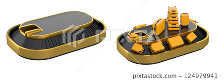 Set of Airport luggage conveyor belt or baggage claim area with suitcases on white. 124979941
