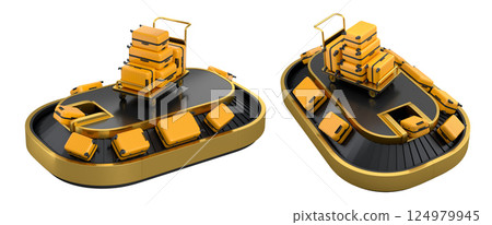 Set of Airport luggage conveyor belt or baggage claim area with suitcases on white. 124979945