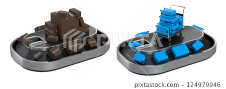 Set of Airport luggage conveyor belt or baggage claim area with suitcases on white. 124979946