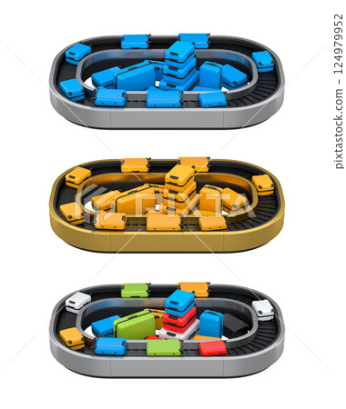 Set of Airport luggage conveyor belt or baggage claim area with suitcases on white. 124979952