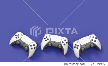 Realistic white video game joysticks or gamepads on violet background Realistic white video game joysticks or gamepads on violet background 124979997