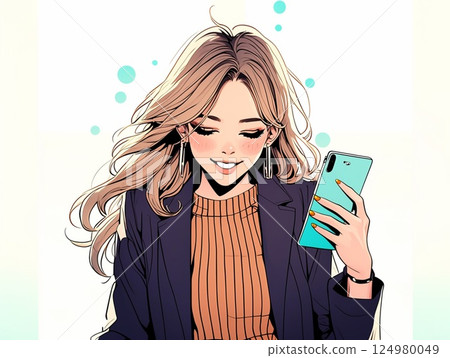 女商人微笑著看著她的智慧型手機螢幕 女商人微笑著看著她的智慧型手機螢幕 124980049