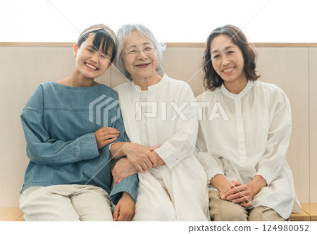 Three generations of parents and children (grandchild, mother, grandmother) sitting and talking Three generations of parents and children (grandchild, mother, grandmother) sitting and talking 124980052