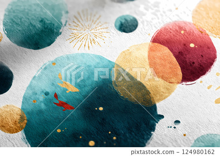 Watercolor Japanese style lights and dancing goldfish - Summer festival pattern art 124980162