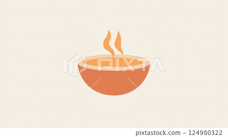 Cozy soup bowl logo featuring warm orange and beige tones with steam, perfect for inviting branding in culinary spaces 124980322