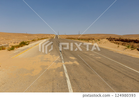 Asphalt road between Kunduz and Kholm in Afghanistan under clear blue sky Asphalt road between Kunduz and Kholm in Afghanistan under clear blue sky 124980393