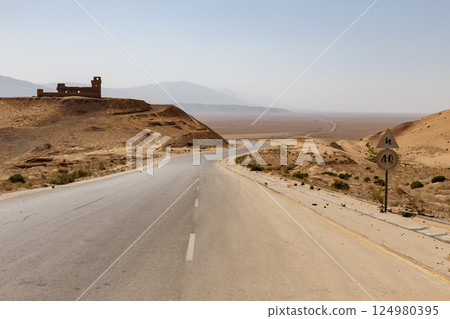 Highway connecting Kunduz to Kholm in Afghanistan featuring arid landscapes and road signs Highway connecting Kunduz to Kholm in Afghanistan featuring arid landscapes and road signs 124980395
