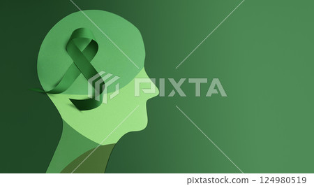 Mental Health Awareness Month Concept. Self Care, Positive Thinking, Happy and Optimistic Mind. Paper cut as a Head with a Green Ribbon on Brain 124980519