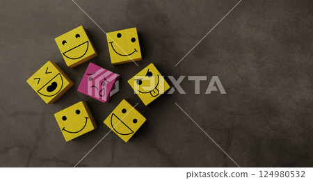 Bullying and Racist Concept. World Social Issue. Stressed Person being Bullied from others. Parody and Intimidation. Doing or Saying Bad. presenting by wooden cube 124980532