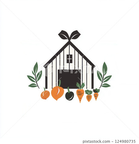 Rustic barn logo featuring fresh vegetables embodies farm to table concept with a modern touch and clean design Rustic barn logo featuring fresh vegetables embodies farm to table concept with a modern touch and clean design 124980735