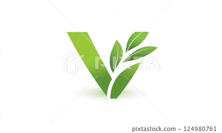 Vegetarian food logo featuring a clean green V integrated with leaves to promote a healthy lifestyle and environment 124980761