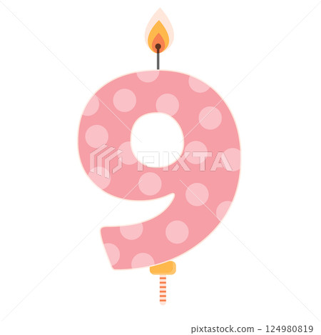 Number 9 birthday cake candle with flame light. Nine year old celebration design element. Flat vector illustration isolated on white background. 124980819