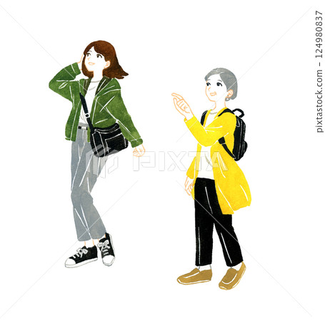 A set of young and senior women traveling and sightseeing Hand-drawn watercolor illustration material 124980837
