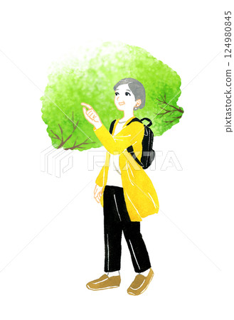 老年婦女旅行觀光（新綠，綠葉）手繪水彩插圖 124980845