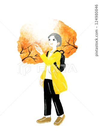 老年婦女旅行觀光（秋葉，秋天）手繪水彩插圖 124980846