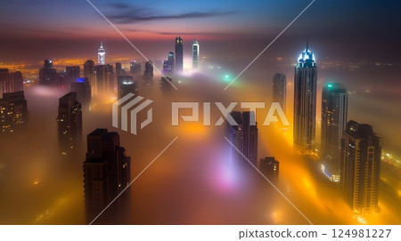 Skyscrapers Illuminated in Vibrant Fog During Sunrise 124981227