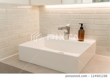 Newly built washroom, sanitary, custom-made washstand 124981286