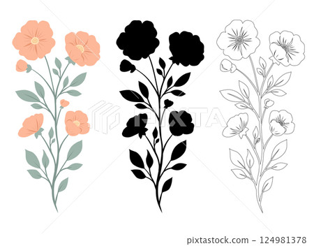 Vector set of gentle flower in colorful and monochrome style. Feminine wild flowers in pastel colors and black silhouette. Vector set of gentle flower in colorful and monochrome style. Feminine wild flowers in pastel colors and black silhouette. 124981378