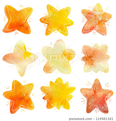 Vector set of various watercolor stars with scribble strokes. Achievements and magic. Collection of yellow paint stars clip arts Vector set of various watercolor stars with scribble strokes. Achievements and magic. Collection of yellow paint stars clip arts 124981381