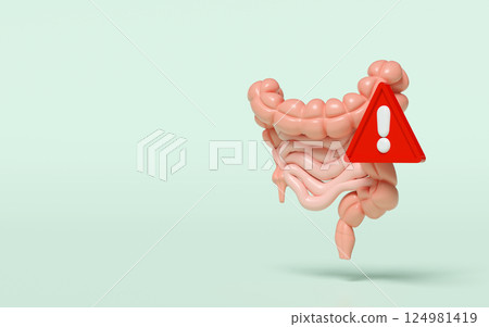 3d Intestines with exclamation mark isolated on green background. danger warning concept, 3d illustration render 124981419