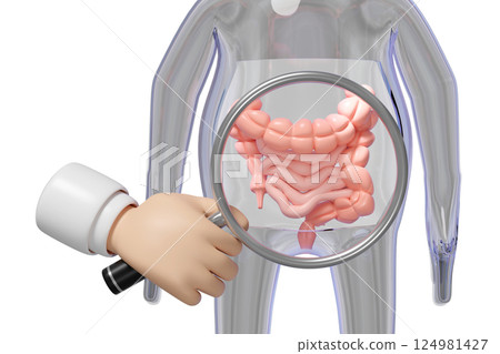 3d human colon with doctor hand holding magnifying glas isolated. check digestive, intestine health concept, 3d illustration render 3d human colon with doctor hand holding magnifying glas isolated. check digestive, intestine health concept, 3d illustration render 124981427