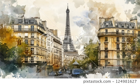 Paris Street Scene with Eiffel Tower in Watercolor Art 124981627
