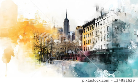Empire State Building Overlooking Vibrant Watercolor New York Street Scene 124981629