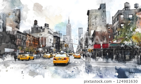 Yellow Taxis and Empire State Building in Busy New York Watercolor Scene 124981630