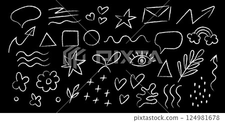 Charcoal doodle art featuring various shapes and symbols on a dark background 124981678