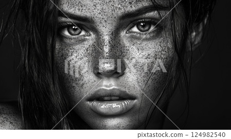 A stunning black-and-white close-up of a female model, captured with photorealistic detail. Generative AI 124982540