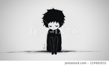 A minimalist cartoon pen drawing of a cute, yet depressed character.  Generative AI 124982632