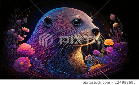 夢幻般的霓虹色水獺和花朵——夜空中閃耀的神秘數位藝術品 124982693