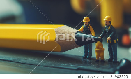 A vibrant, color-graded photo capturing a whimsical scene of tiny, smiling plasticine construction workers teaming up to lift an oversized yellow school pencil.  Generative AI 124982803