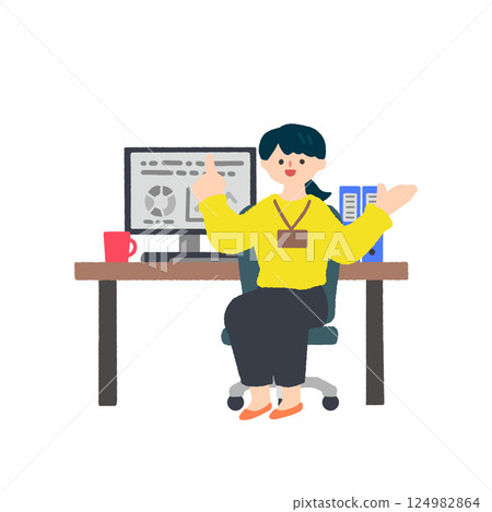 一個女人在電腦前解釋 一個女人在電腦前解釋 124982864