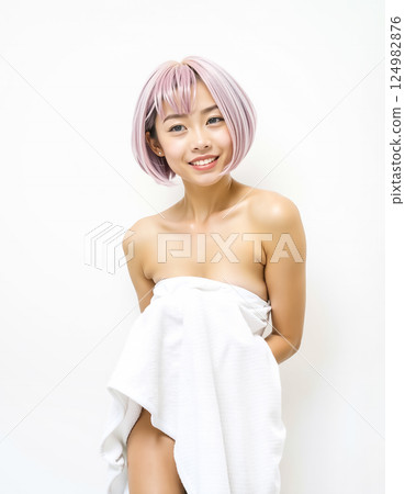 Image of a young woman with pink hair Bath towel 124982876