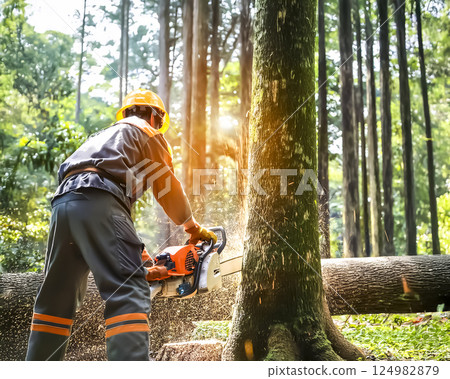 一個人用電鋸砍樹的圖片素材 124982879