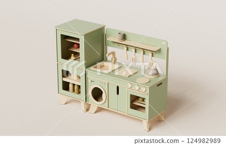 Green Wooden Toy Kitchen. 3D Rendering 124982989