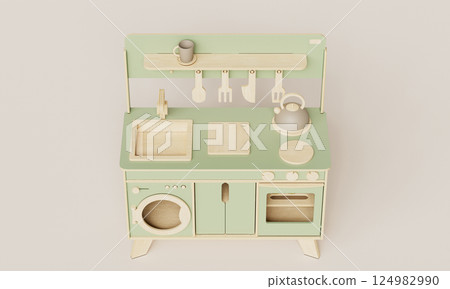 Green Wooden Toy Kitchen. 3D Rendering Green Wooden Toy Kitchen. 3D Rendering 124982990