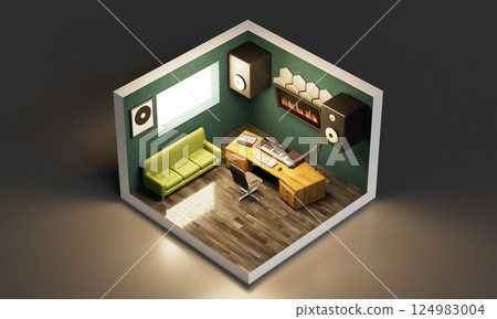 Recording Studio Interior Isometric. 3D Rendering. 124983004