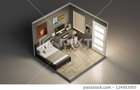 Isometric Simple Bed Room Interior. 3D Rendering Isometric Simple Bed Room Interior. 3D Rendering 124983005