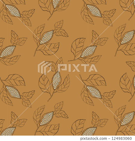 Cocoa branches with beans fruits, seamless pattern, contour stylized hand drawing, on orange brown background. Cocoa branches with beans fruits, seamless pattern, contour stylized hand drawing, on orange brown background. 124983060
