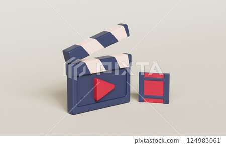 Movie Cinema Icon. Clapperboard and Film Reel. 3D Rendering. 124983061