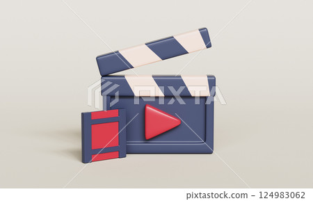 Movie Cinema Icon. Clapperboard and Film Reel. 3D Rendering. Movie Cinema Icon. Clapperboard and Film Reel. 3D Rendering. 124983062