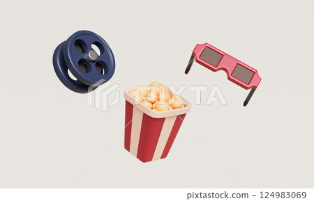 Movie Cinema Icon set. Popcorn, 3D Glasses, and Film Reel. 3D Rendering 124983069