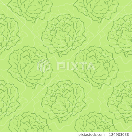Pattern with heads lettuce, contour graphic green fruit. Healthy food. Eco products. Green vegetables. 124983088